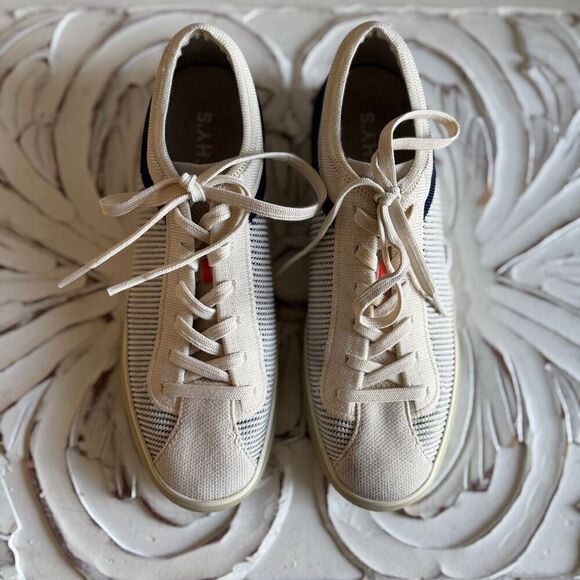 Rothy's The Lace Up Sneaker Classic Navy Off White Cream Stripe size 9 - Picture 2 of 10